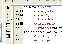 Main pane in Exchanger XML Editor showing four columns for shortcut buttons, bookmarks (with one set at line 52), line numbers, and expand/collapse buttons.